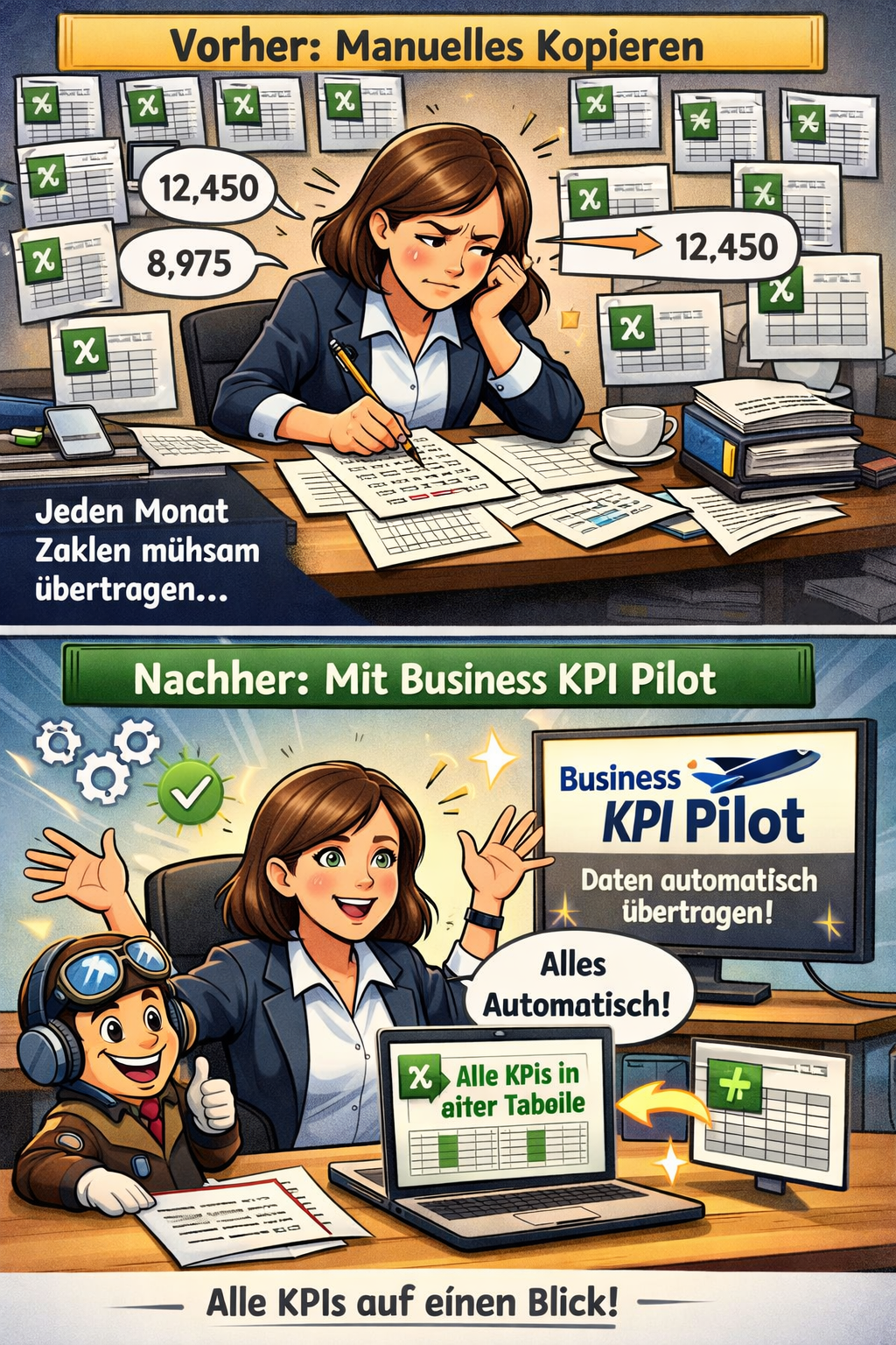 Vorher/Nachher Comic - Business KPI Pilot